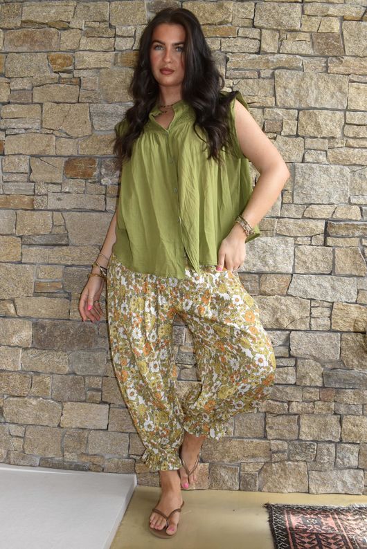 Elsie Pure Cotton Cap Sleeve Blouse Olive